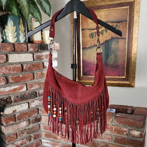 genuine ltaly leather Handbags - Italian Made Red Suede Leather Boho Fringe Hobo Bag | Beaded Tassels